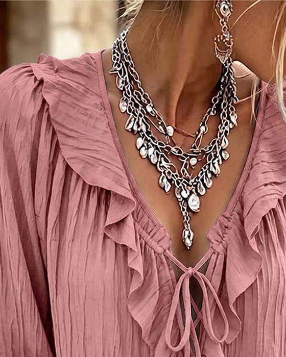Blouse Ruche Afwerking Vetersluiting Lange Mouw
