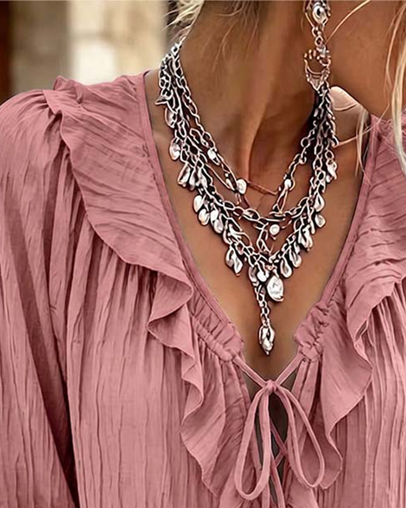 Blouse Ruche Afwerking Vetersluiting Lange Mouw