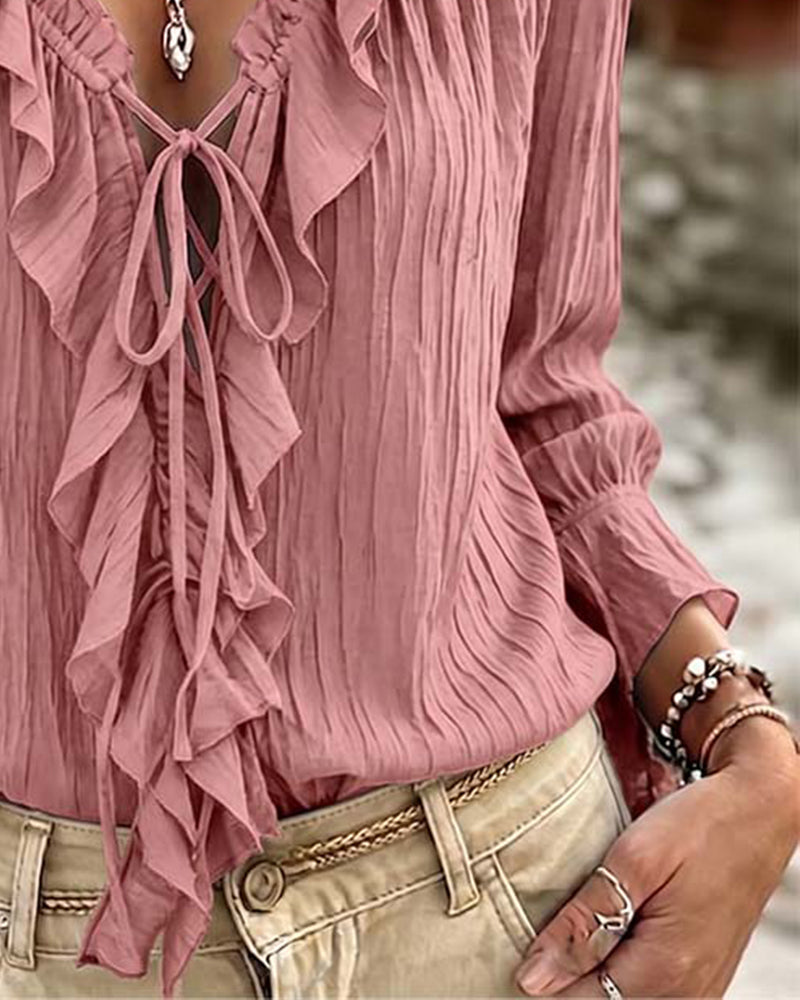 Blouse Ruche Afwerking Vetersluiting Lange Mouw