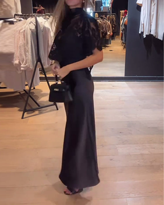 Set Kanten En Meshblouse Met Gedrapeerde Slipjurk