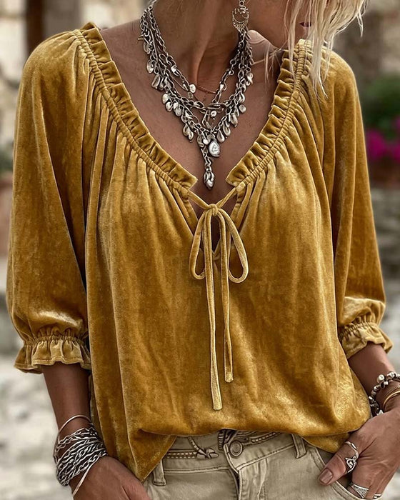 Blouse Trekkoord Fluweel Korte Mouw