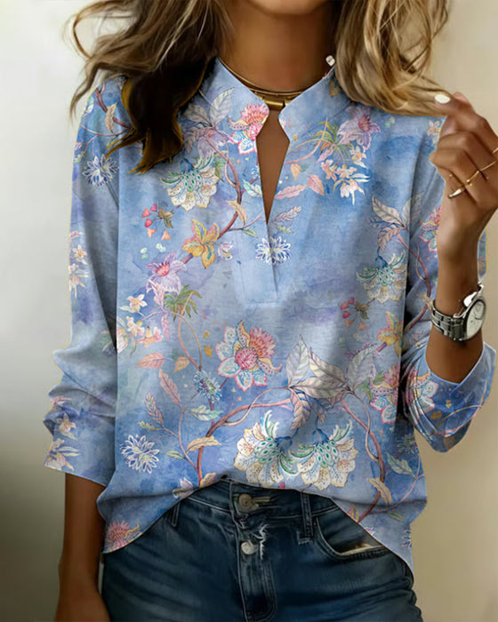 Blouse Opstaande Kraag Lange Mouw Bloemen