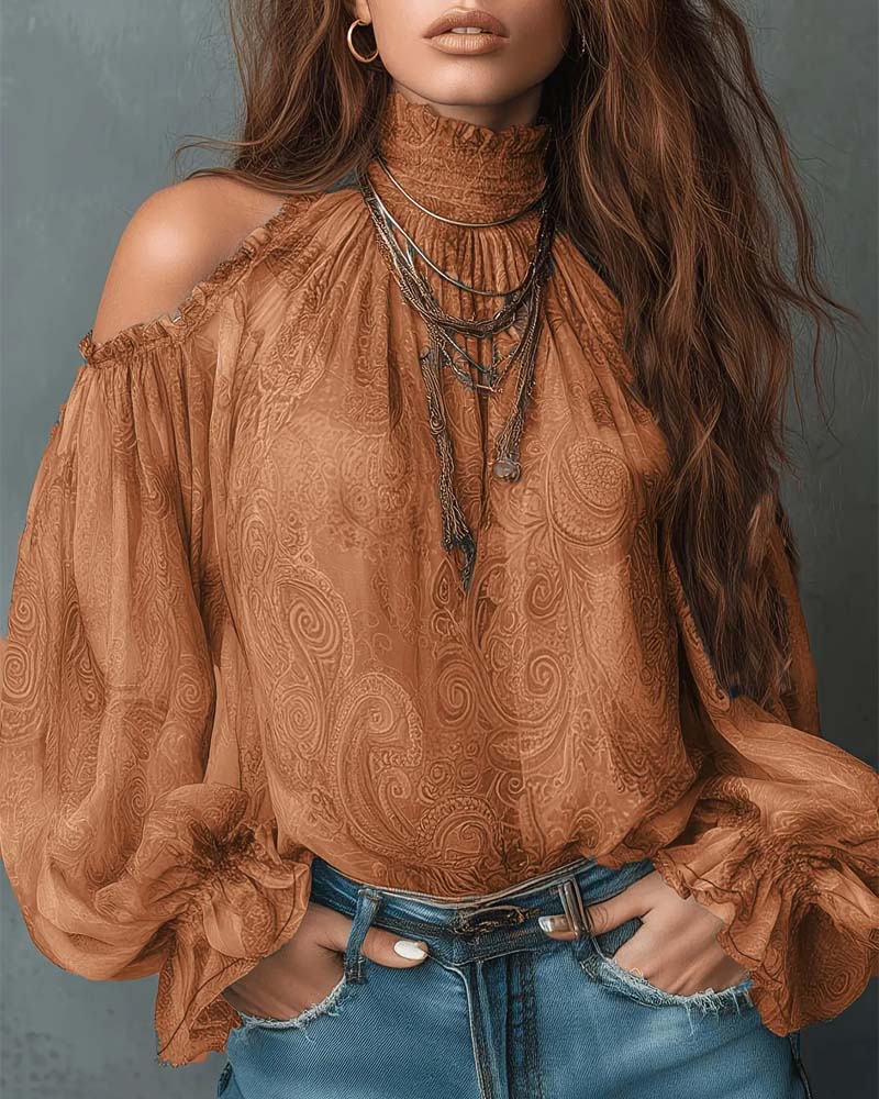 Blouse Bedrukt Off-Shoulder Mandarin Kraag