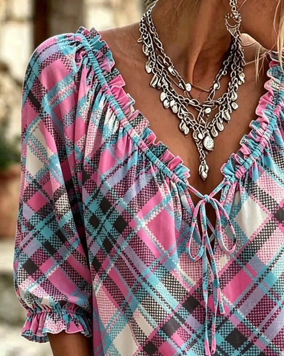 Blouse Ruis Afwerking Strik Voor Geruit