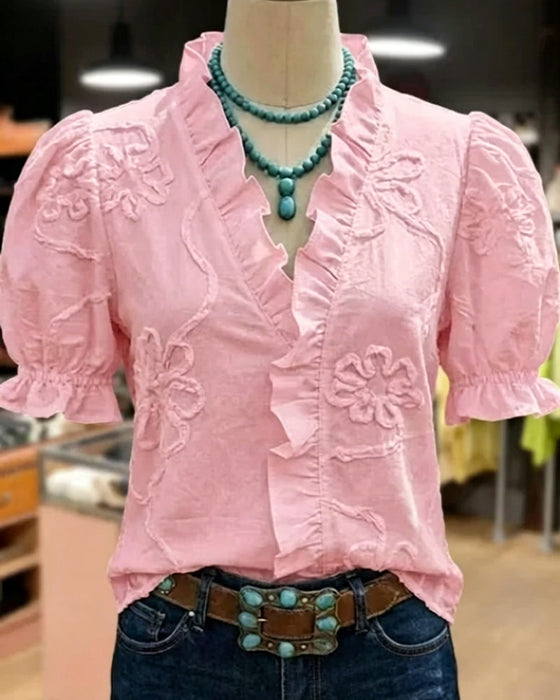 Blouse V-Hals Ruche Rand Pofmouw