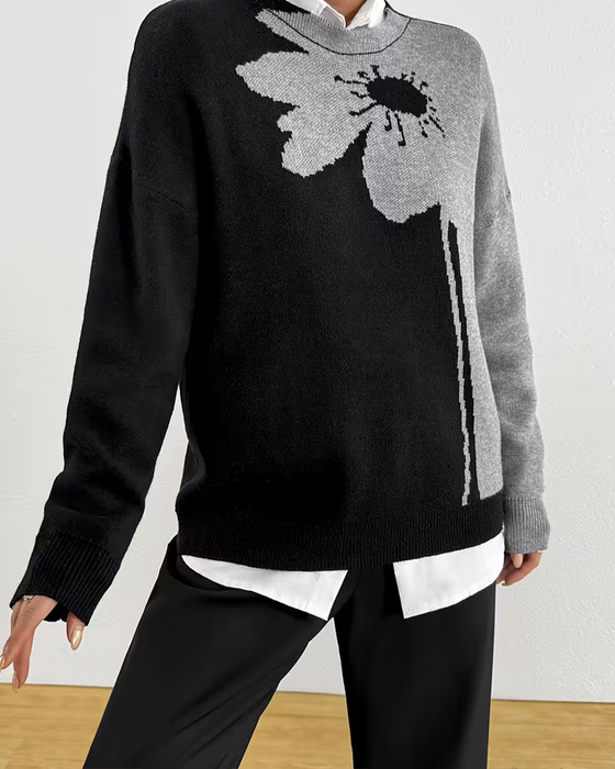 Pullover Kleurblok Groot Bloemen Jacquard Rond Hals