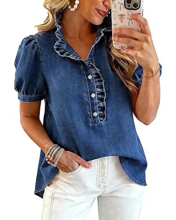 Blouse Dichtknopen Ruffle Denim