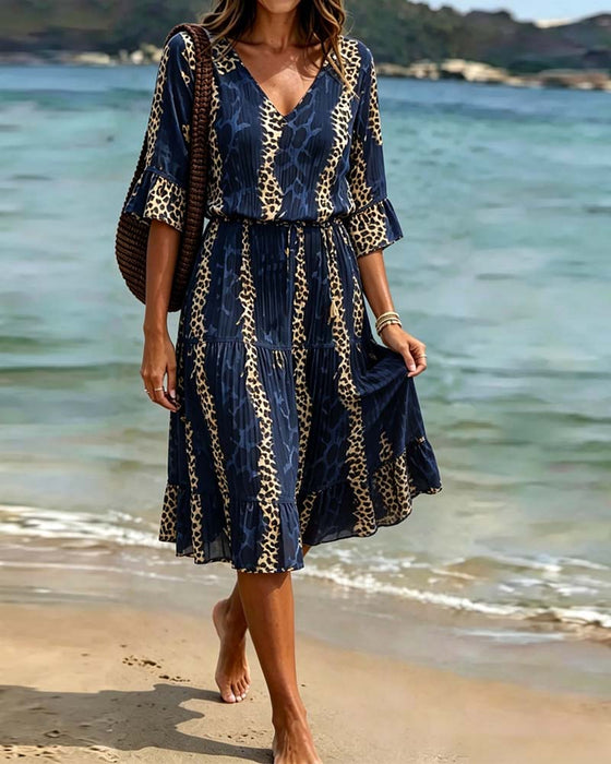 Jurk V-Hals Luipaard Patchwork Midi Vakantie
