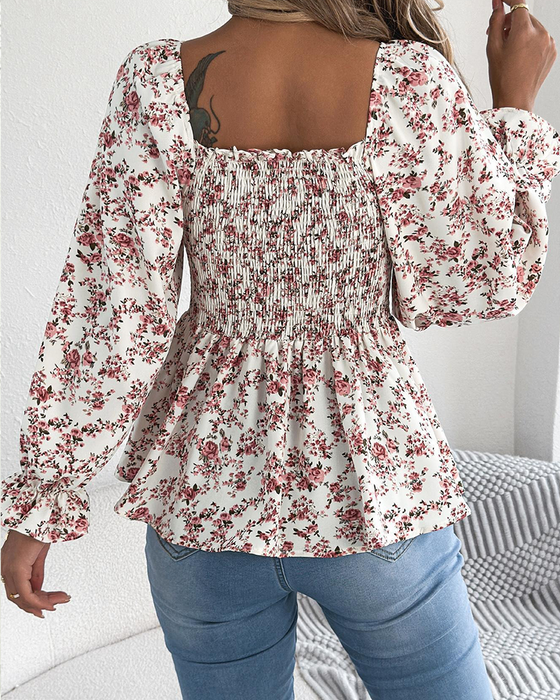 Blouse Vierkante Hals Gerimpeld Bloemig Ruffle