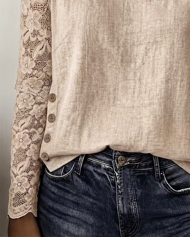 Blouse Ronde Hals Geknoopt Kant Patchwork Lange Mouw