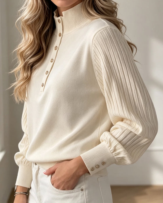 Pullover Turtleneck Knoop Geribd Pofmouw Trui