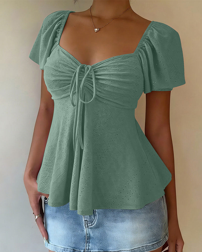 Blouse Doorgebroken Trekkoord Korte Mouw Effen