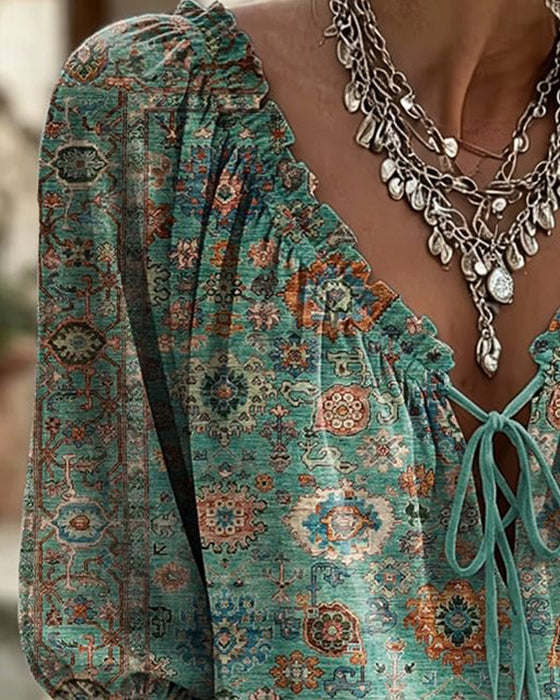 Blouse V-Hals Strik Vintage Print