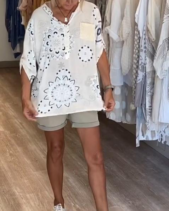 Blouse Veelzijdig V-Hals Bedrukt Halve Mouwen