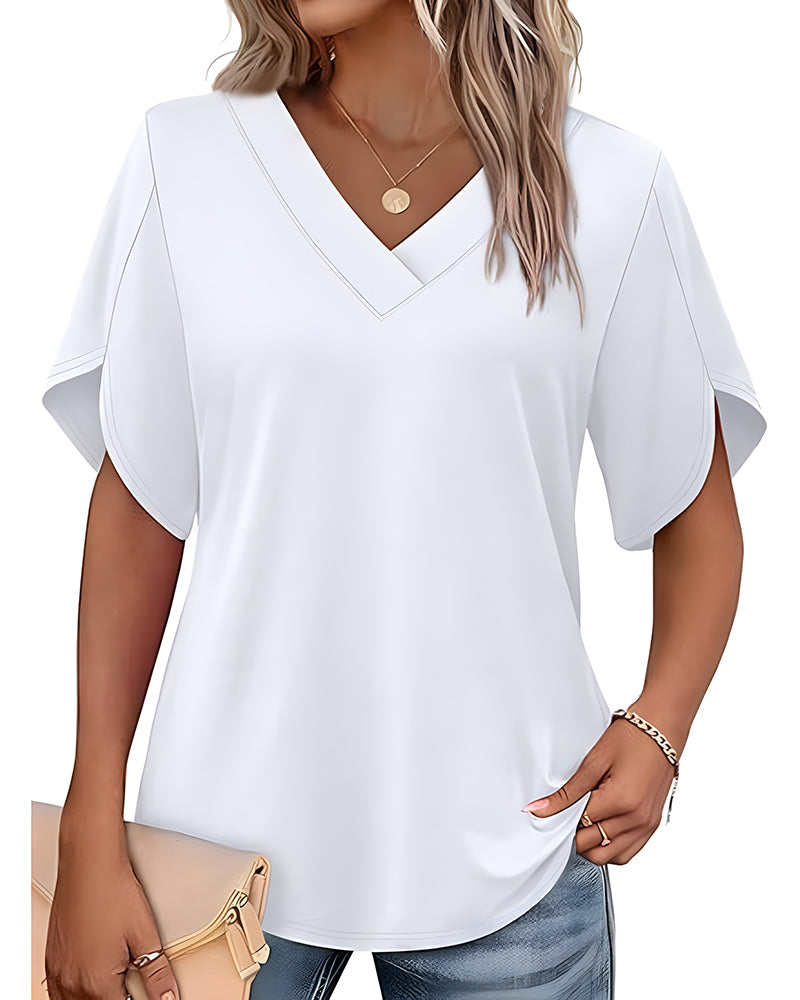 T-Shirt V-Hals Kleine Split Korte Mouw Effen