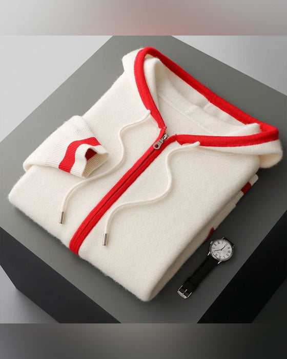 Cardigan Met Capuchon Volledige Rits Contrast Trui