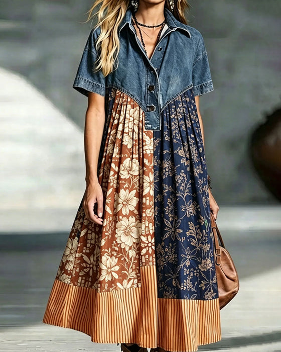 Jurk Overhemdkraag Bloemig Contrast Denim Patchwork