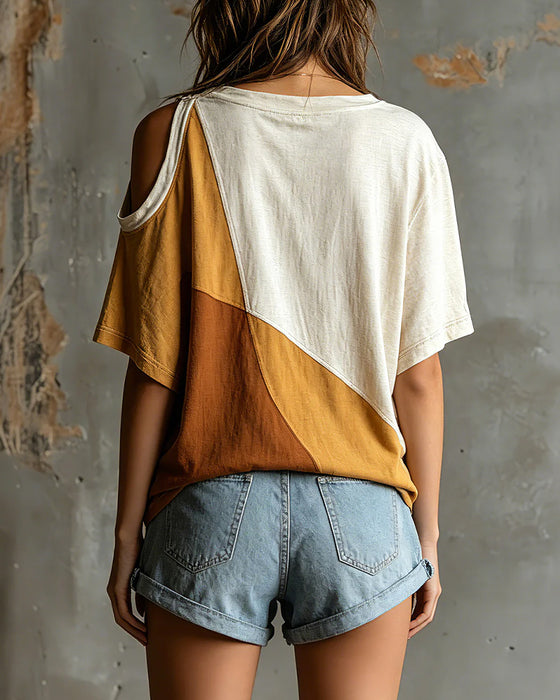 T-Shirt Kleurblok Off-Schouder Los