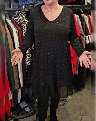 Jurk V-hals Fijn Glitter Mesh Patchwork Loose