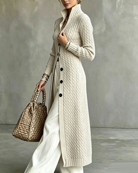 Cardigan Staande Kraag Kabel Knoop Lang