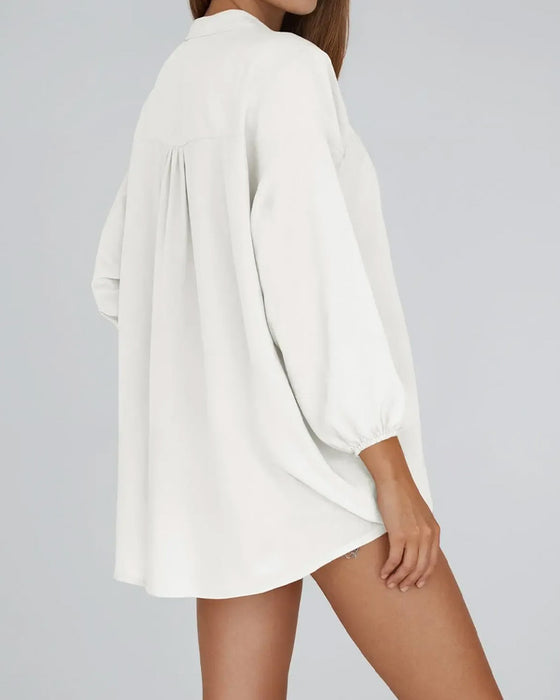 Blouse V-Hals Knoopsluiting Pofmouw