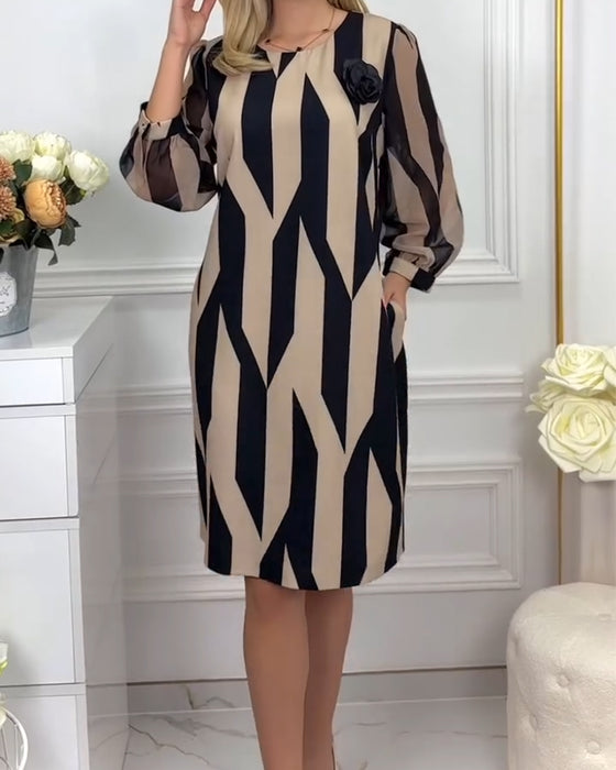 Jurk Ronde Hals Lantaarn Mouw Bedrukt