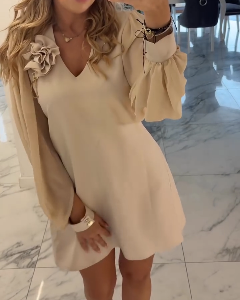 Jurk Driedimensionale Bloem V-hals Lantaarn Mouw