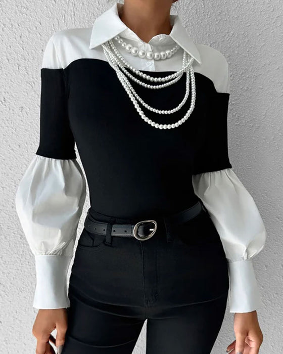 Top Kleurblok Off-Shoulder Lantaarnmouw Patchwork