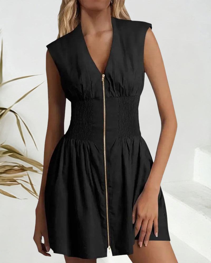 Jurk V-Hals Rits Getailleerde Taille Mouwloos