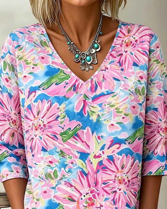 Blouse Bloemig V-Hals Halve Mouw