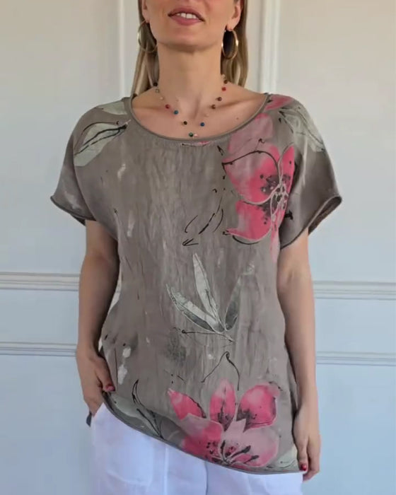 Blouse Ronde Hals Casual Print Kort Mouw