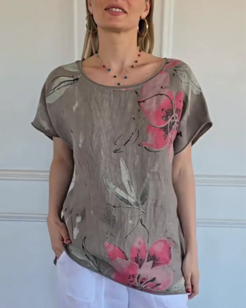 Blouse Ronde Hals Casual Print Kort Mouw