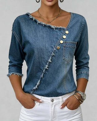 Blouse Jeans Schuine Kraag Lange Mouwen