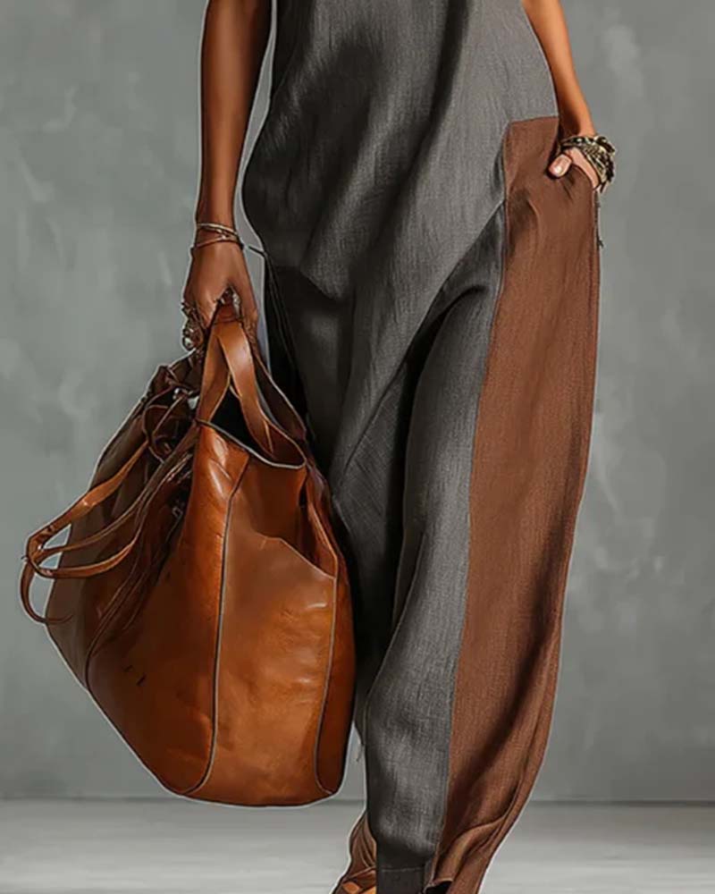 Jurk Hoge Hals Asymmetrisch Patchwork Mouwloos