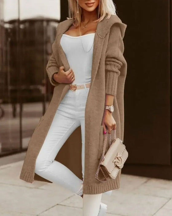 Cardigan Met Capuchon Zak Open Voor Gebreid