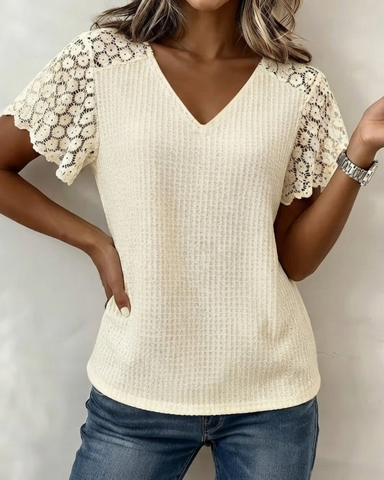 T-Shirt V-Hals Wafel Kant Patchwork Effen
