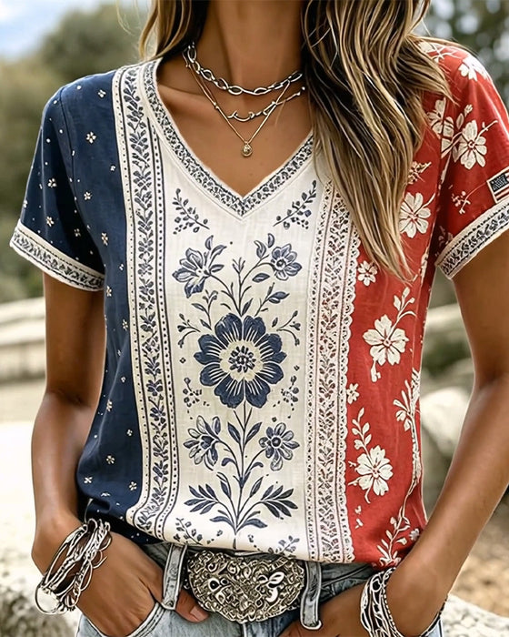 T-Shirts Kleurblok Etnisch Bloemen V-Hals