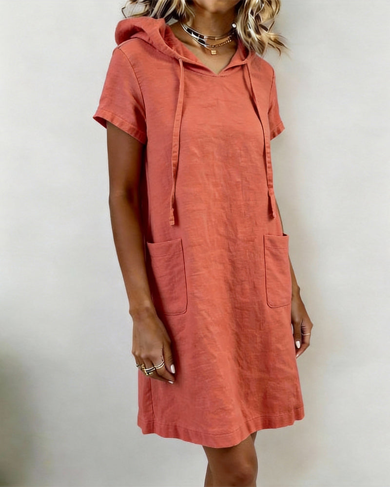 Jurk Met Capuchon Linnen-Mix Korte Mouw Zak