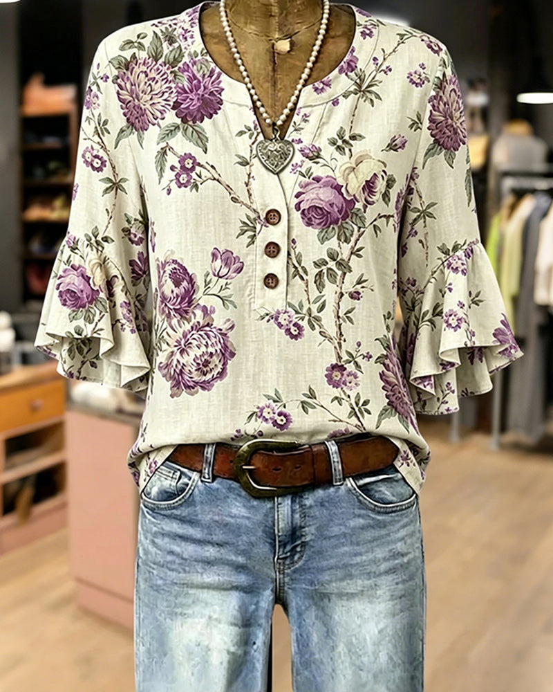 Jurk Retro Print V-Hals Ingesnoerde Taille Lang