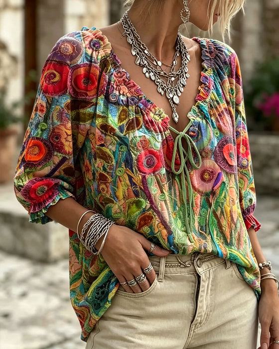 Blouse V-Hals Ruffle Pofmouw Strik