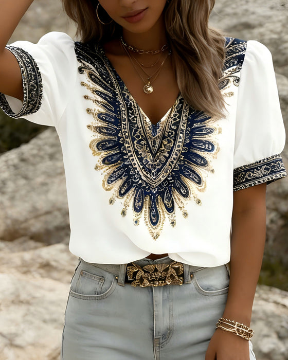 Blouse Etnische Print Pofmouw