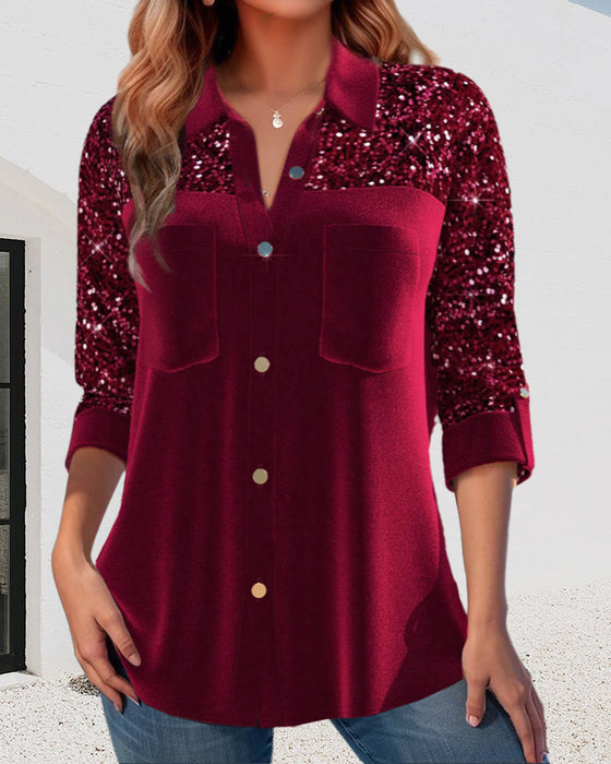 Paillettenpaneel effen revers knoop overhemd