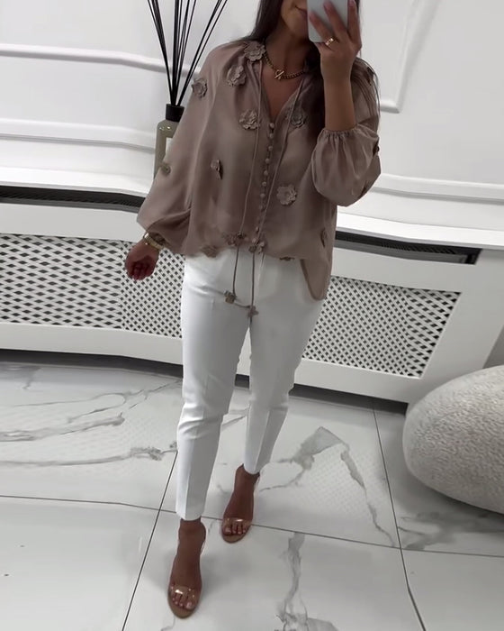 Blouse Effen Kleur 3D-Bloemen Met Vetersluiting