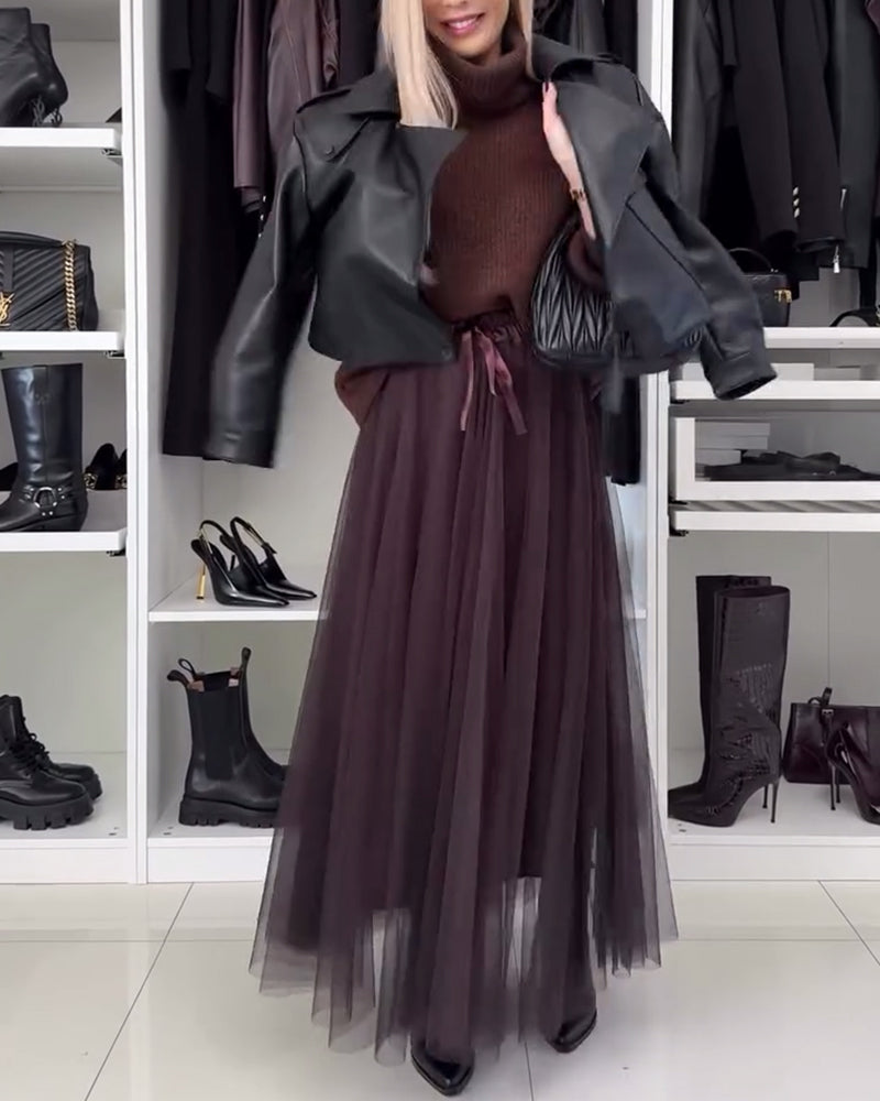 Casual effen mesh geplooide rok met veter