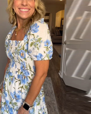 Jurk Vierkante Hals Plissé Bloemen A-Lijn