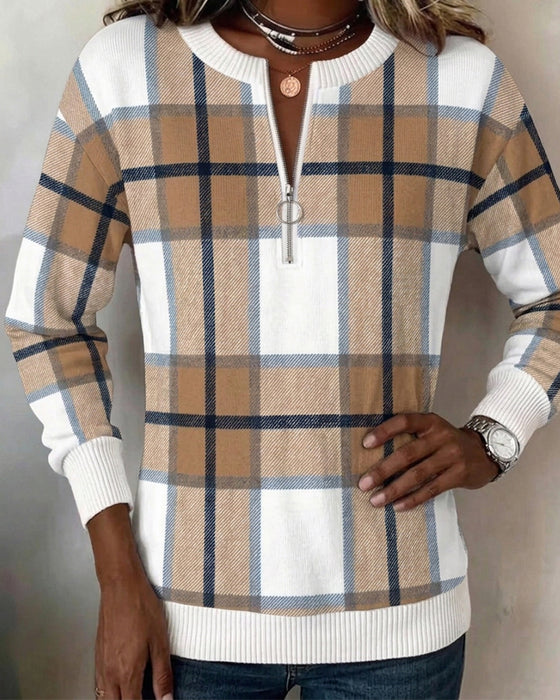 Sweatshirt Geruit Halfritsen Ronde Hals Pullover