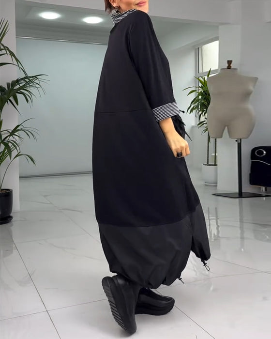 Casual geruite patchwork jurk met hoge kraag en zak