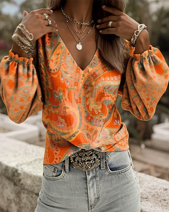 Blouse Met Patroon V-Hals Pofmouw