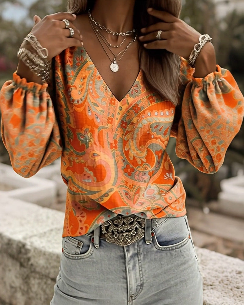 Blouse Met Patroon V-Hals Pofmouw