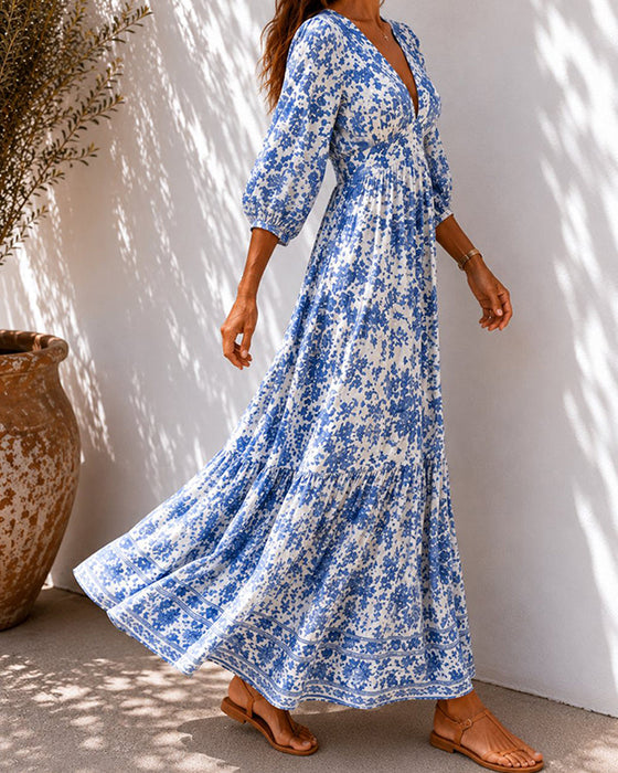 Jurken Blauw Porselein Print Taille Gesnoerd